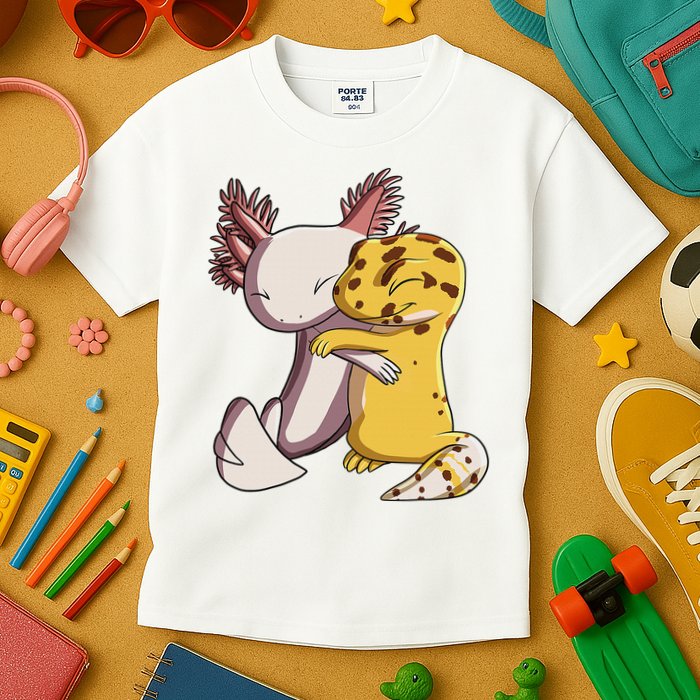 Cute Kawaii Leopard Gecko Hugging Axolotl Funny Kids T-Shirt