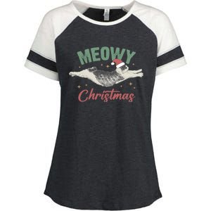 Christmas Kitty Lover Xmas Funny Santa Cat Meowy Enza Ladies Jersey Colorblock Tee