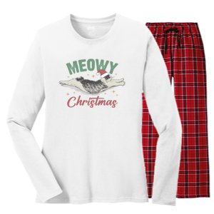 Christmas Kitty Lover Xmas Funny Santa Cat Meowy Women's Long Sleeve Flannel Pajama Set 