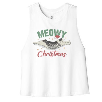 Christmas Kitty Lover Xmas Funny Santa Cat Meowy Women's Racerback Cropped Tank