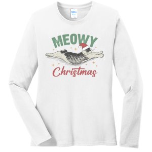 Christmas Kitty Lover Xmas Funny Santa Cat Meowy Ladies Long Sleeve Shirt