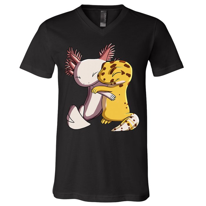 Cute Kawaii Leopard Gecko Hugging Axolotl V-Neck T-Shirt