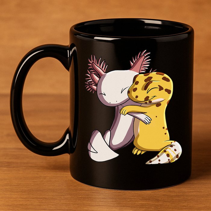 Cute Kawaii Leopard Gecko Hugging Axolotl 11oz C Handle Ceramic Mug