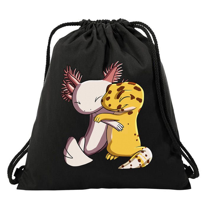 Cute Kawaii Leopard Gecko Hugging Axolotl Drawstring Bag