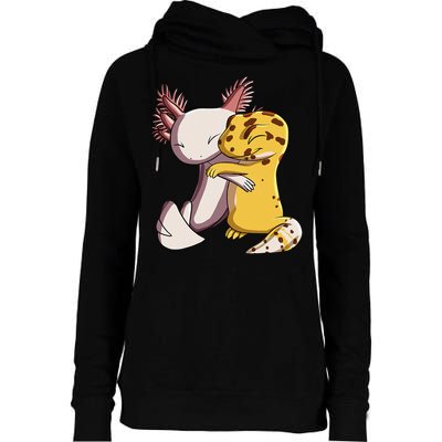 Cute Kawaii Leopard Gecko Hugging Axolotl Womens Funnel Neck Pullover Hood
