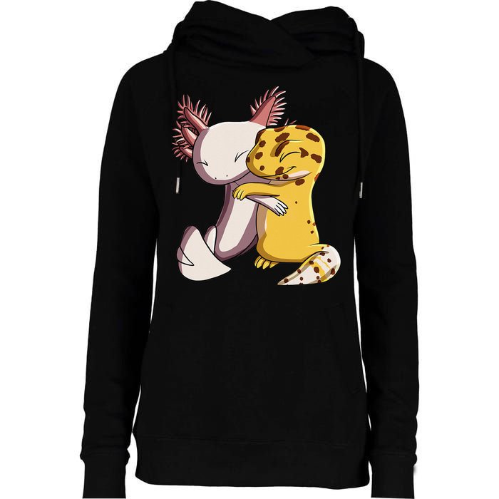 Cute Kawaii Leopard Gecko Hugging Axolotl Womens Funnel Neck Pullover Hood