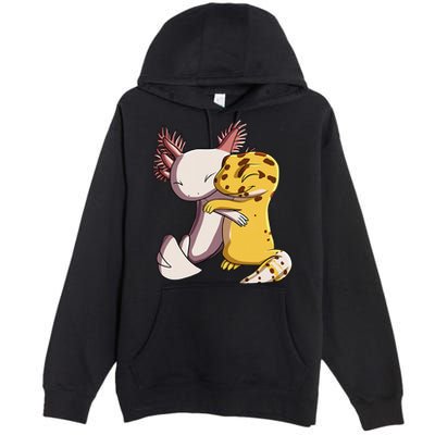 Cute Kawaii Leopard Gecko Hugging Axolotl Premium Pullover Hoodie