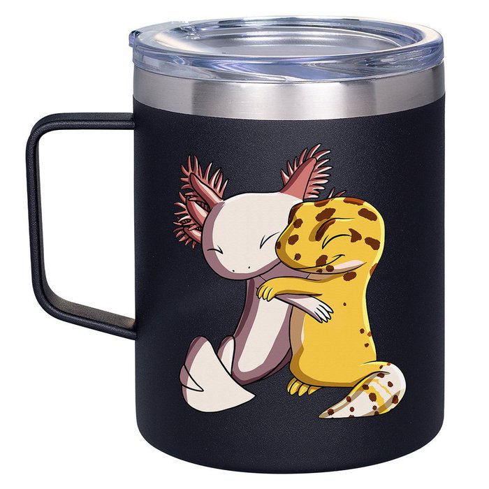 Cute Kawaii Leopard Gecko Hugging Axolotl 12oz Stainless Steel Coffee Mug