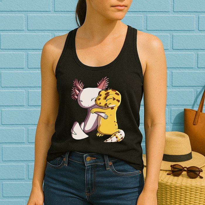 Cute Kawaii Leopard Gecko Hugging Axolotl Womens Tank Top