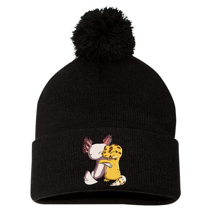 Cute Kawaii Leopard Gecko Hugging Axolotl Pom Pom 12in Knit Beanie