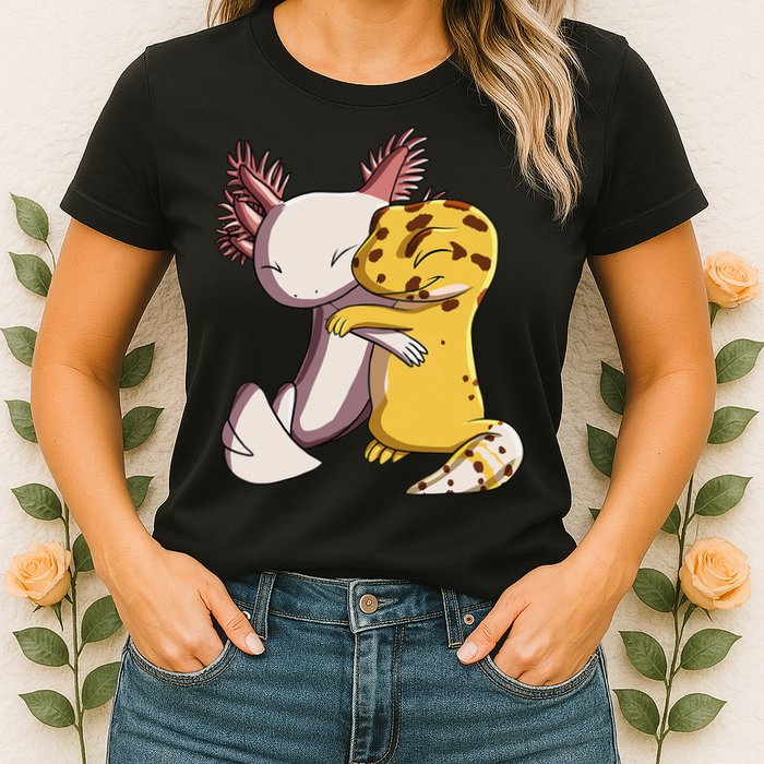 Cute Kawaii Leopard Gecko Hugging Axolotl Womens T-Shirt