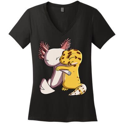 Cute Kawaii Leopard Gecko Hugging Axolotl Women's V-Neck T-Shirt