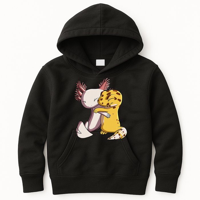 Cute Kawaii Leopard Gecko Hugging Axolotl Kids Hoodie