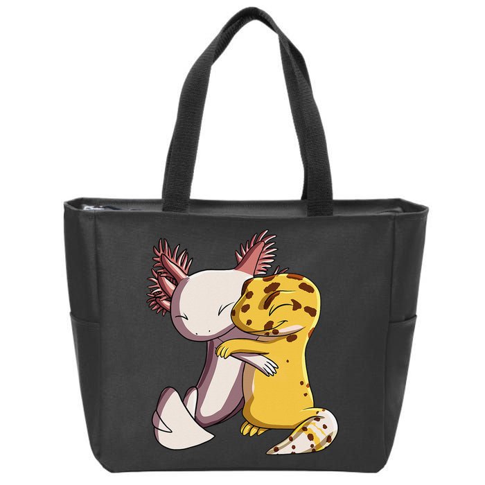 Cute Kawaii Leopard Gecko Hugging Axolotl Zip Tote Bag