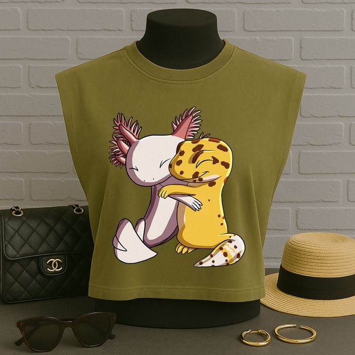 Cute Kawaii Leopard Gecko Hugging Axolotl Garment-Dyed Women's Muscle Tee
