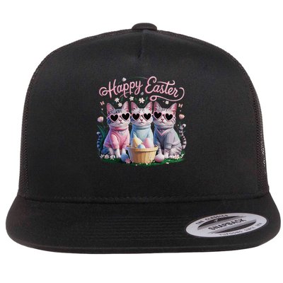 Cute Kitten Lovers Glasses Happy Easter Cat Bunny And Eggs Flat Bill Trucker Hat