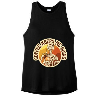 Coffee Keeps Me Going Skeleton Retro Sunset Ladies PosiCharge Tri-Blend Wicking Tank