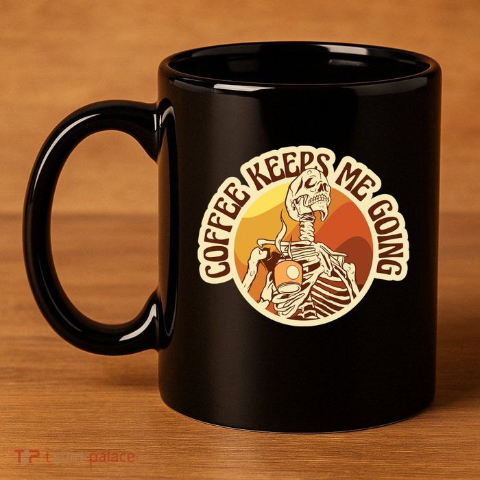 Coffee Keeps Me Going Skeleton Retro Sunset 11oz C Handle Ceramic Mug