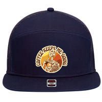 Coffee Keeps Me Going Skeleton Retro Sunset 7 Panel Mesh Trucker Snapback Hat