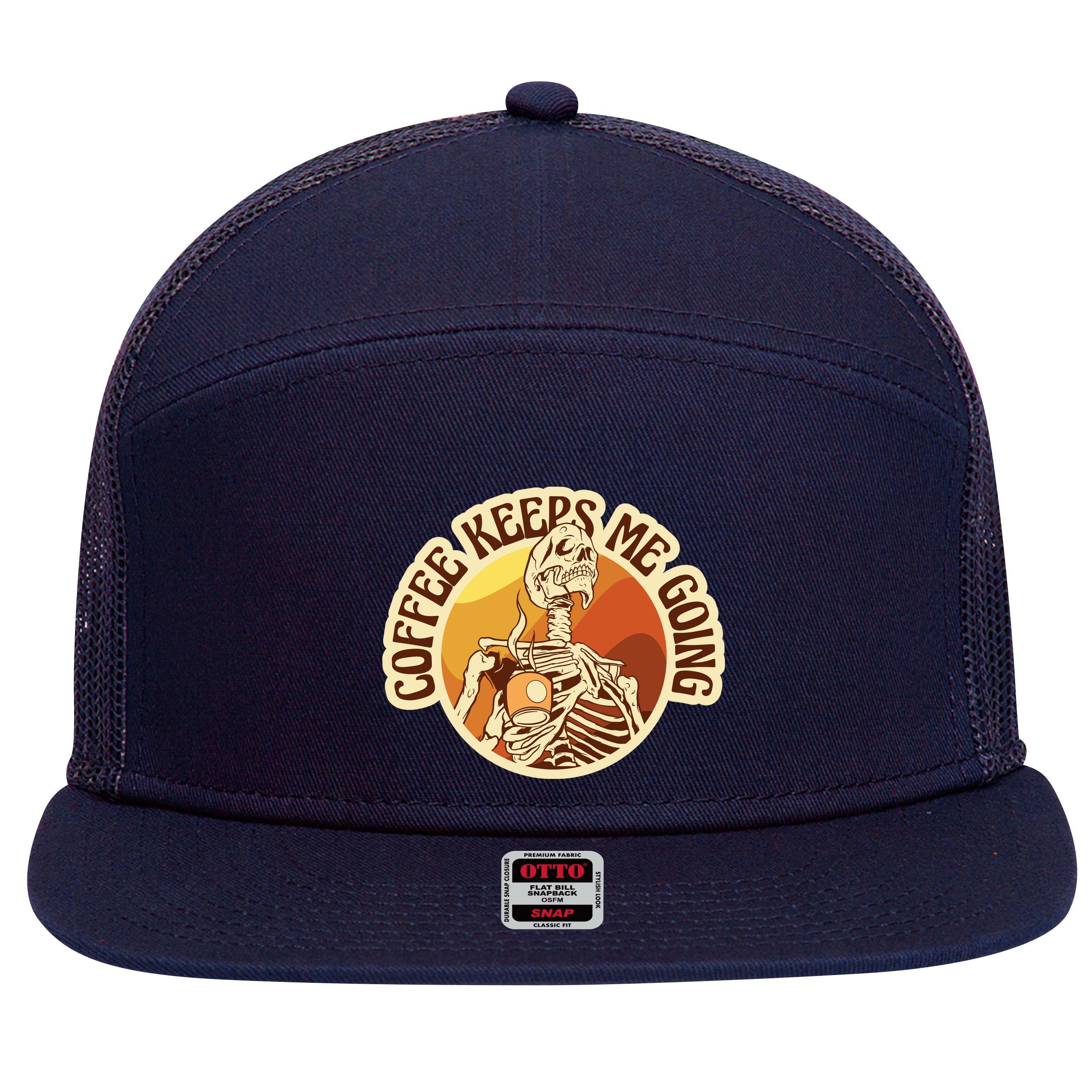 Coffee Keeps Me Going Skeleton Retro Sunset 7 Panel Mesh Trucker Snapback Hat