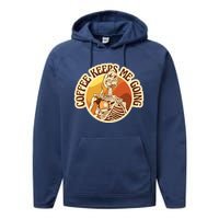 Coffee Keeps Me Going Skeleton Retro Sunset Performance Fleece Hoodie