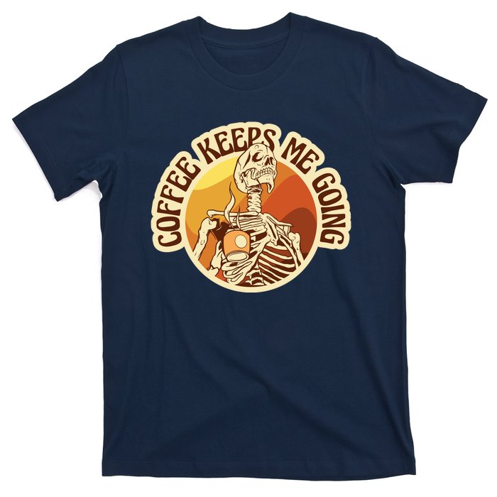 Coffee Keeps Me Going Skeleton Retro Sunset T-Shirt