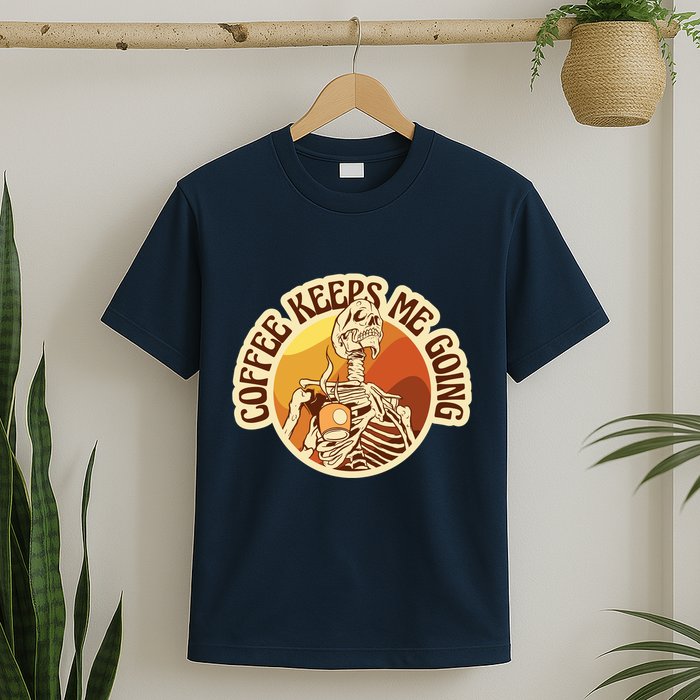 Coffee Keeps Me Going Skeleton Retro Sunset T-Shirt