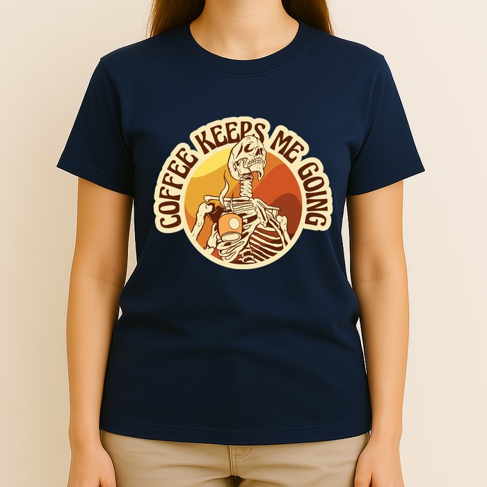 Coffee Keeps Me Going Skeleton Retro Sunset T-Shirt