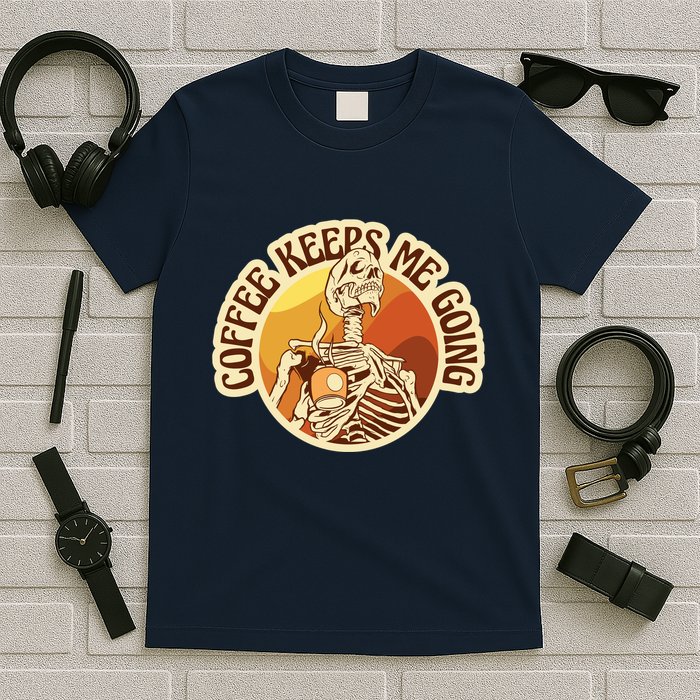 Coffee Keeps Me Going Skeleton Retro Sunset T-Shirt