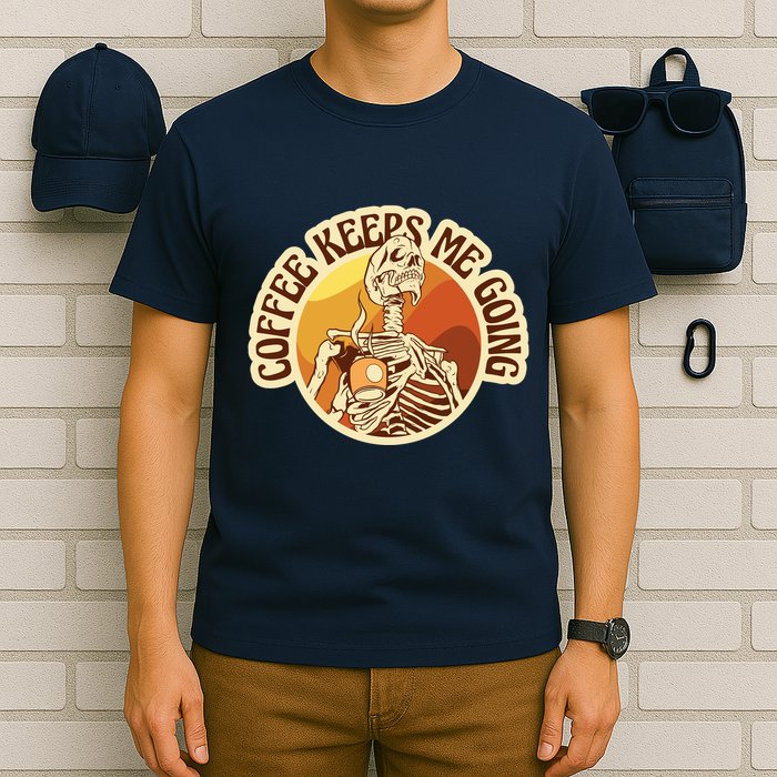Coffee Keeps Me Going Skeleton Retro Sunset T-Shirt