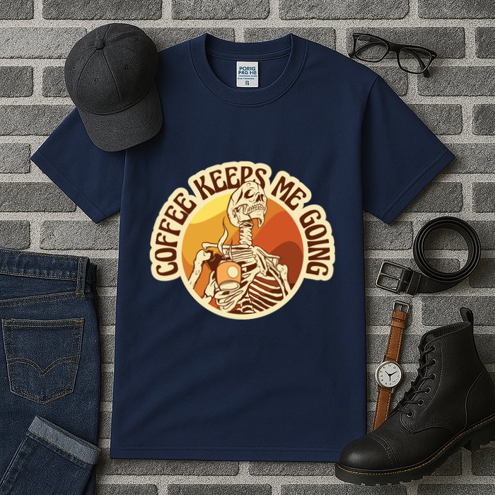 Coffee Keeps Me Going Skeleton Retro Sunset Tall T-Shirt