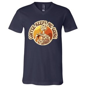 Coffee Keeps Me Going Skeleton Retro Sunset V-Neck T-Shirt