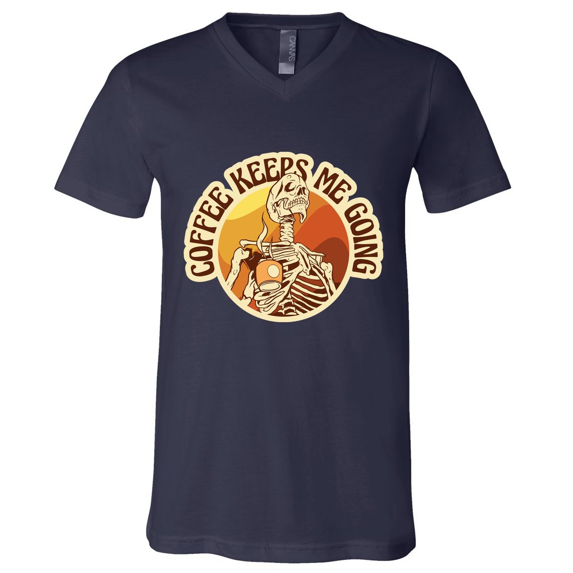 Coffee Keeps Me Going Skeleton Retro Sunset V-Neck T-Shirt