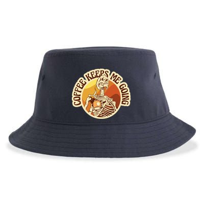 Coffee Keeps Me Going Skeleton Retro Sunset Sustainable Bucket Hat