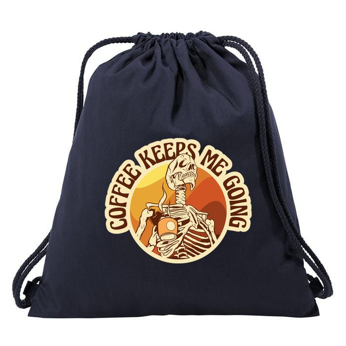 Coffee Keeps Me Going Skeleton Retro Sunset Drawstring Bag
