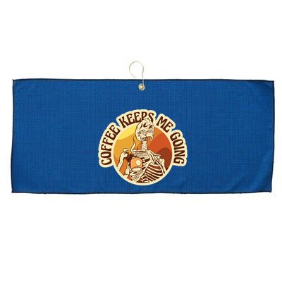 Coffee Keeps Me Going Skeleton Retro Sunset Large Microfiber Waffle Golf Towel