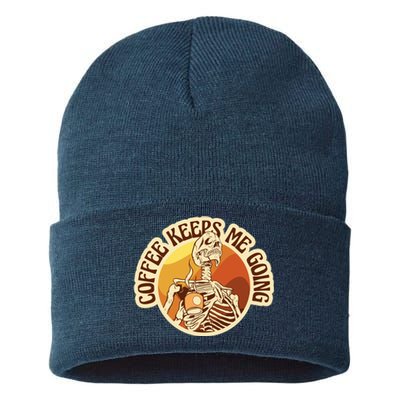 Coffee Keeps Me Going Skeleton Retro Sunset Sustainable Knit Beanie