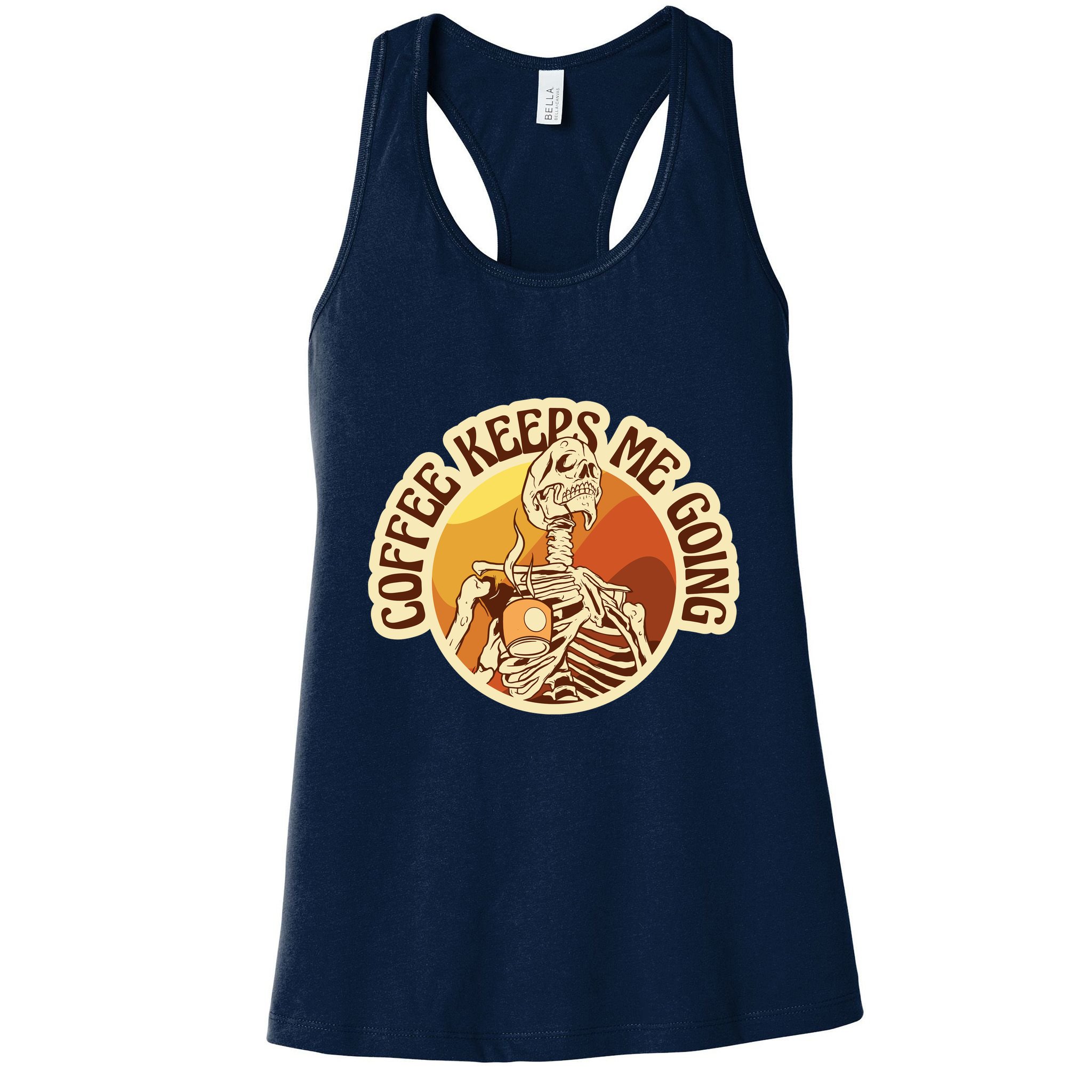Coffee Keeps Me Going Skeleton Retro Sunset Womens Tank Top
