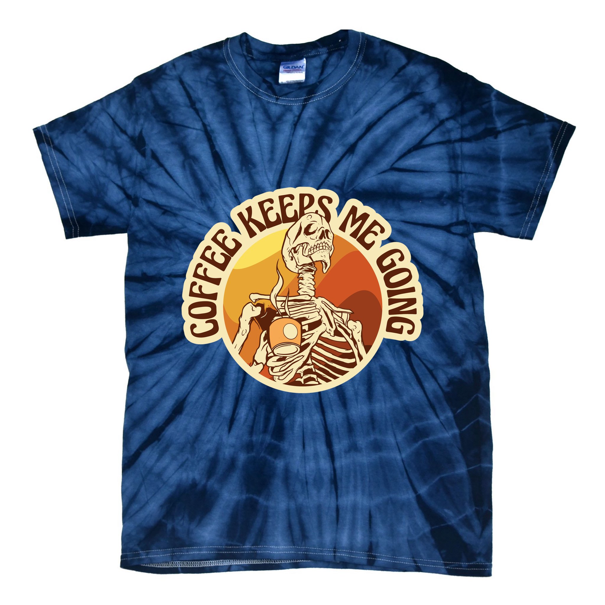 Coffee Keeps Me Going Skeleton Retro Sunset Tie-Dye T-Shirt