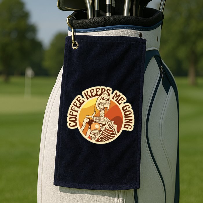 Coffee Keeps Me Going Skeleton Retro Sunset Golf Towel