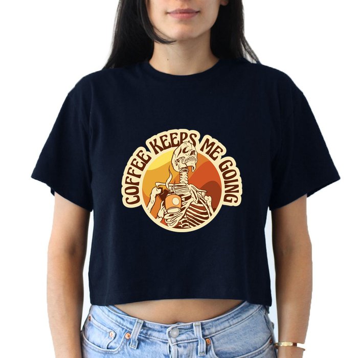 Coffee Keeps Me Going Skeleton Retro Sunset Women's Crop Top Tee