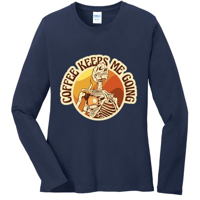 Coffee Keeps Me Going Skeleton Retro Sunset Ladies Long Sleeve Shirt