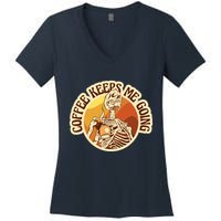 Coffee Keeps Me Going Skeleton Retro Sunset Women's V-Neck T-Shirt