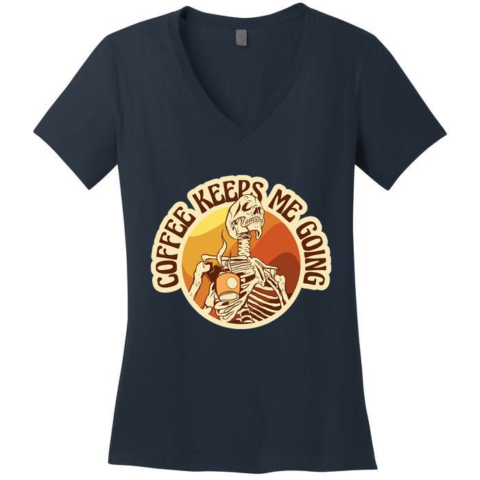 Coffee Keeps Me Going Skeleton Retro Sunset Women's V-Neck T-Shirt