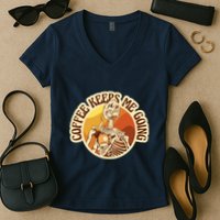 Coffee Keeps Me Going Skeleton Retro Sunset Women's V-Neck T-Shirt