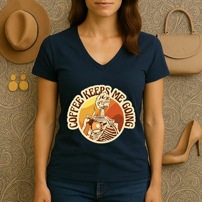 Coffee Keeps Me Going Skeleton Retro Sunset Women's V-Neck T-Shirt