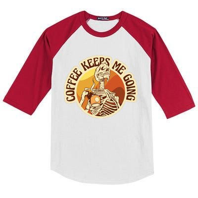 Coffee Keeps Me Going Skeleton Retro Sunset Kids Colorblock Raglan Jersey