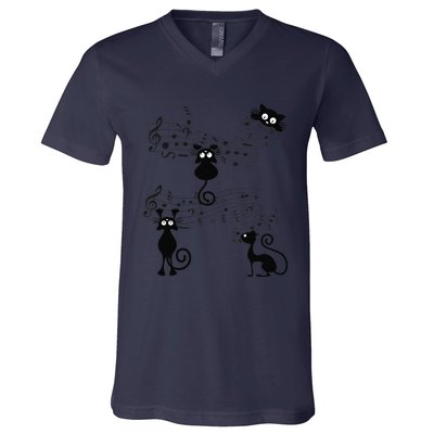 Cat Kitty Playing Music Note Black Cat Lover Gift V-Neck T-Shirt