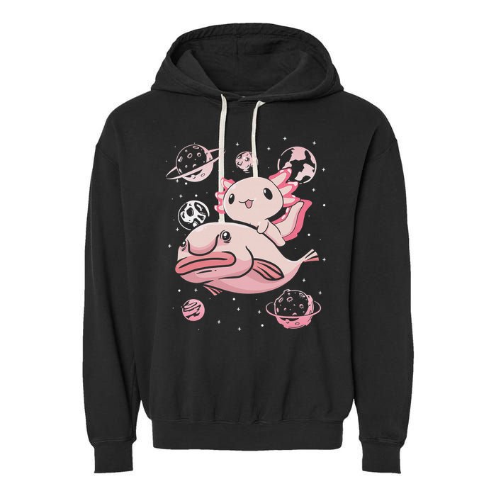 Cute Kawaii Pink Axolotl Riding A Blobfish Funny Axolotls  Garment-Dyed Fleece Hoodie