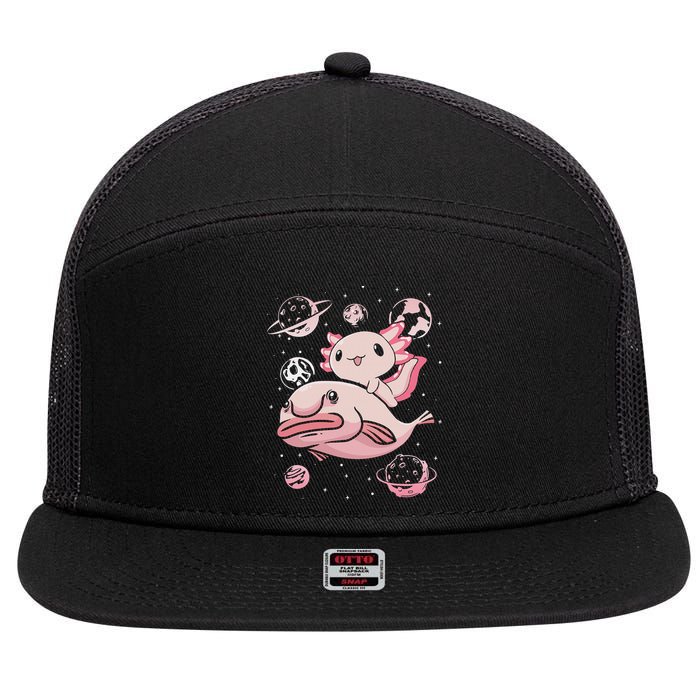 Cute Kawaii Pink Axolotl Riding A Blobfish Funny Axolotls  7 Panel Mesh Trucker Snapback Hat